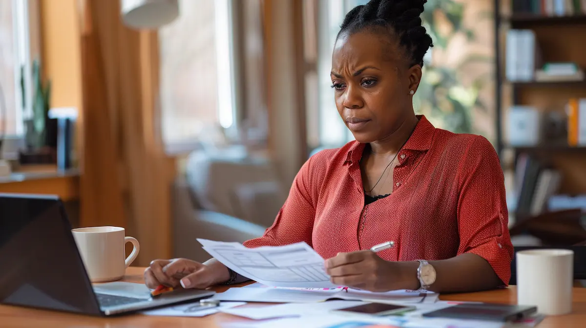 Small business owner reviewing overdue invoices and accounts receivable aging report at desk with laptop and financial documents