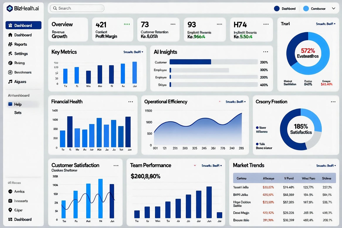 BizHealth.ai AI analytics dashboard showing business metrics, financial health, and performance benchmarking
