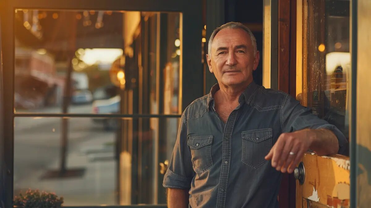 Small business owner standing at the doorway of his shop at golden hour — embodying the balanced optimism and unrelenting resilience leadership mindset that sustains entrepreneurs through adversity