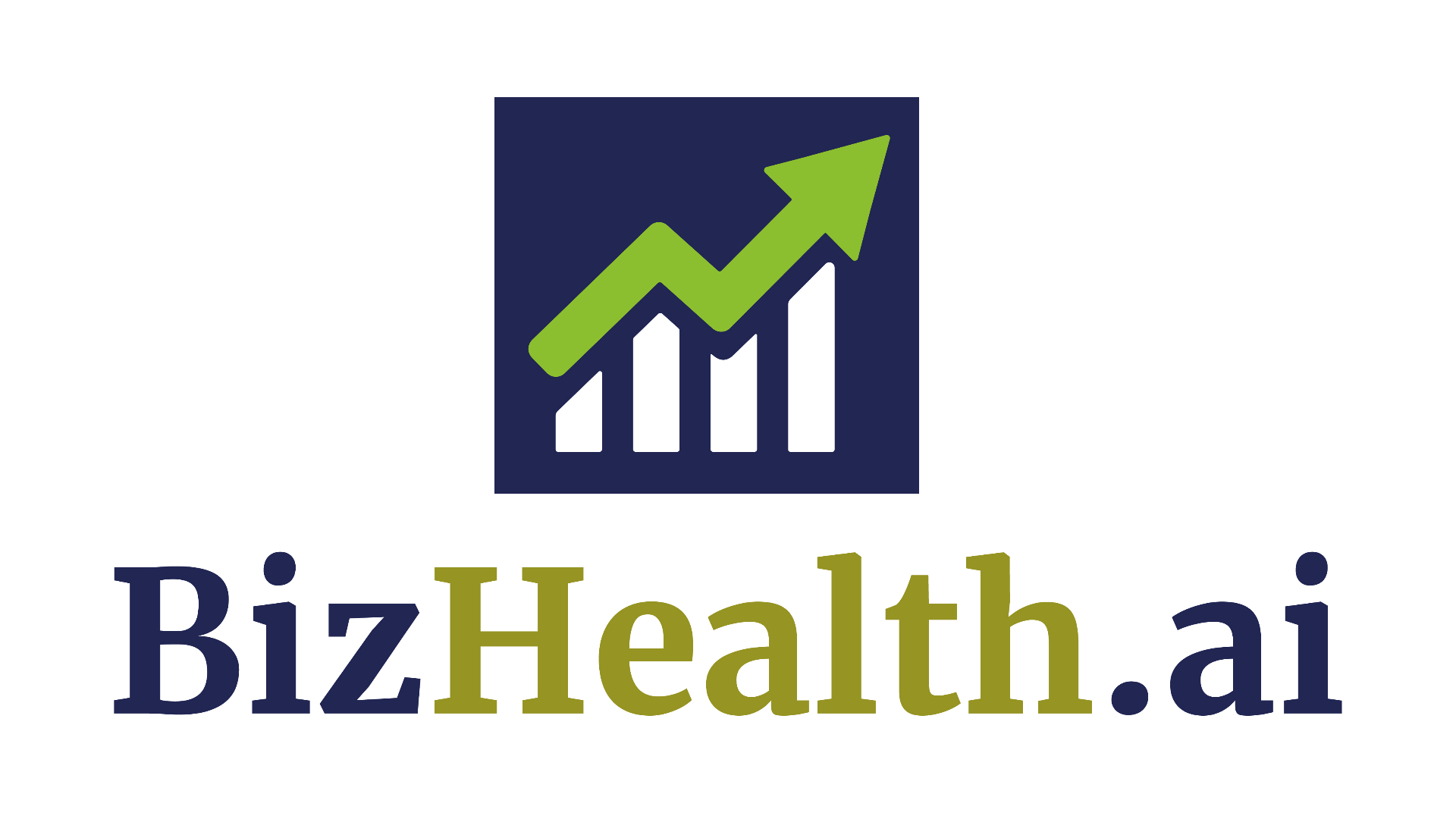 BizHealth.ai logo featuring a growth chart with upward trending arrow in BizGreen on BizNavy background, representing comprehensive business health assessment and data-driven growth
