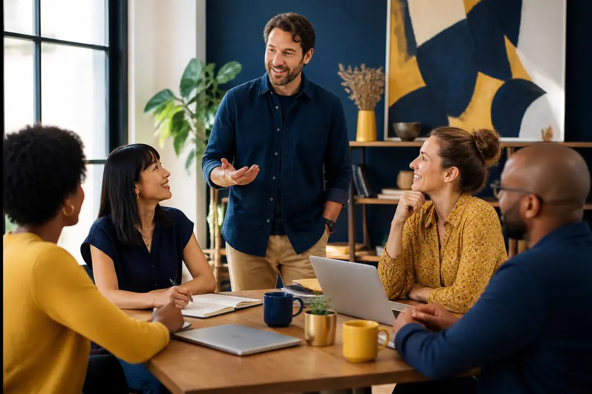 Small business leader meeting with team