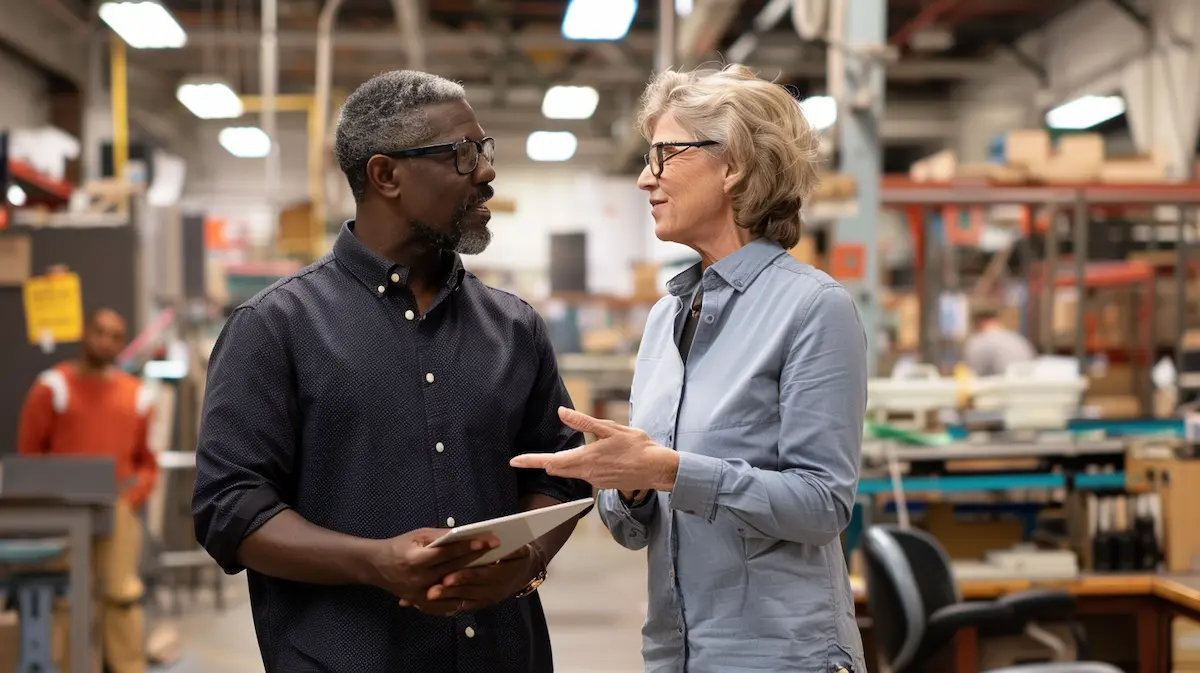 Small business owner mentoring a successor on the warehouse floor — transferring institutional knowledge and authority as part of internal succession planning