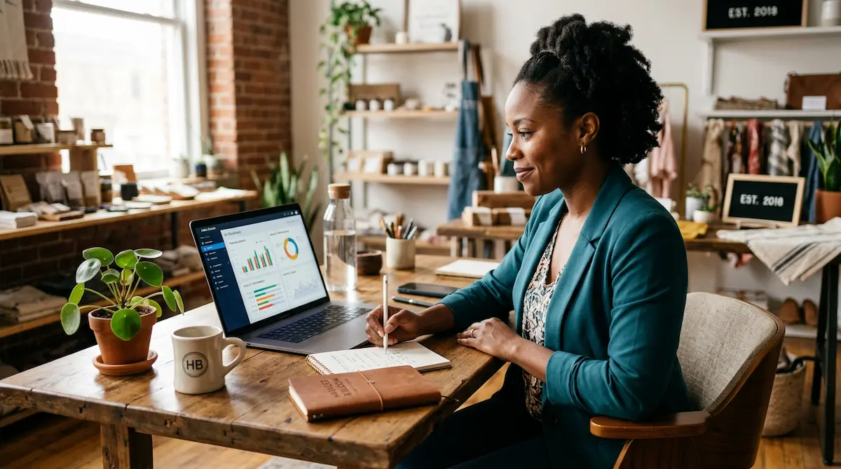 DIY business owner reviewing business health data on laptop in modern workspace