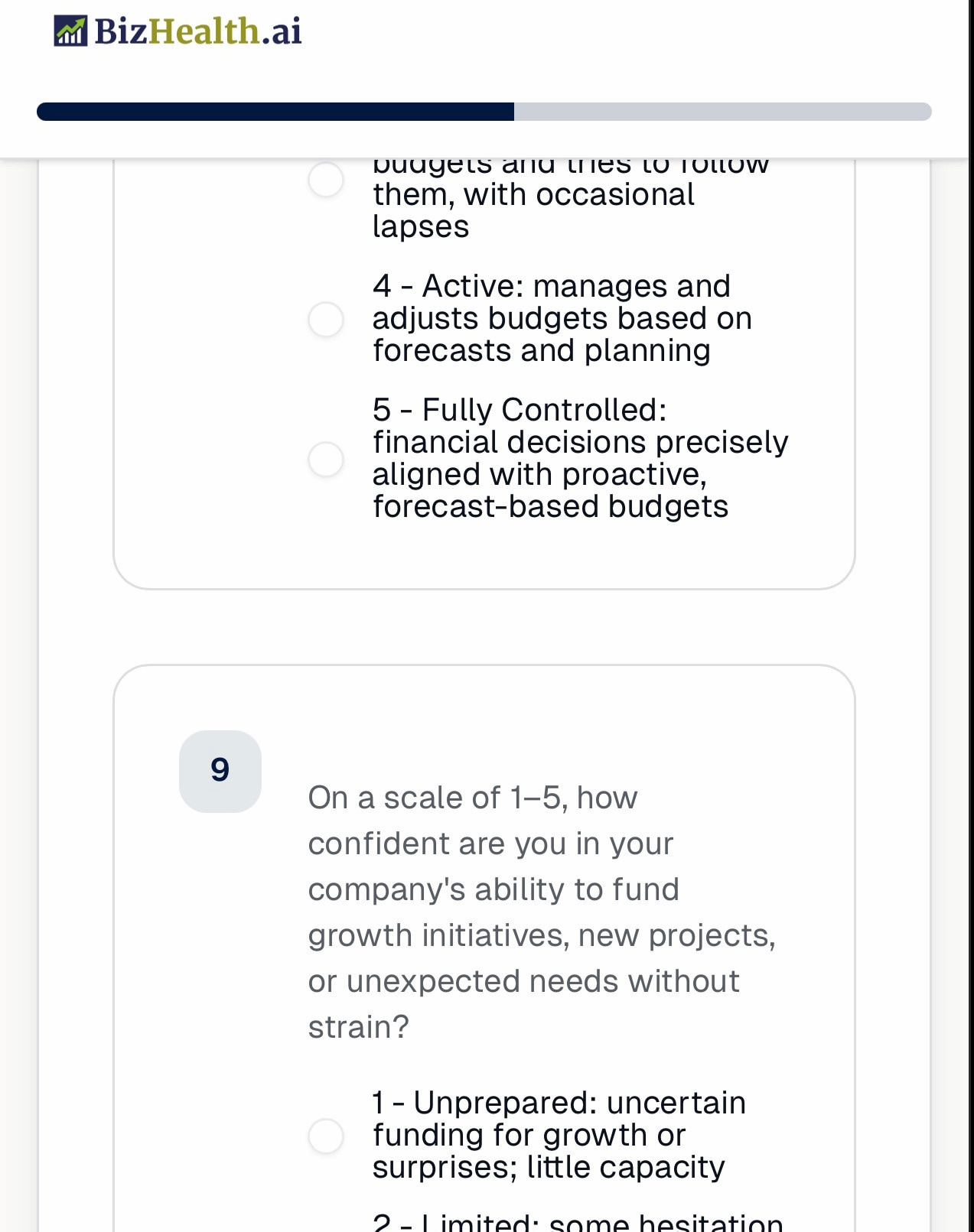 BizHealth.ai business assessment questionnaire interface showing rating scale questions