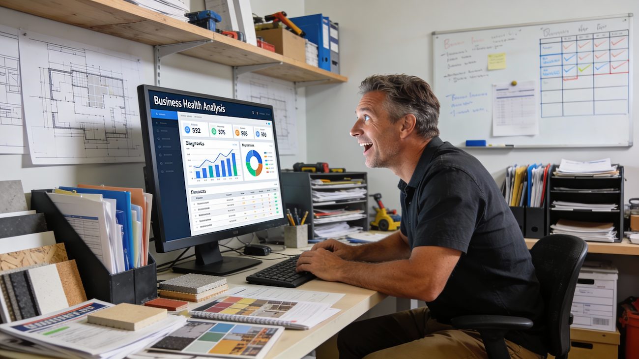 Thumbnail: Business owner analyzing business health dashboard with diagnostics, charts, and KPI metrics - discovering hidden blind spots in operations and financials