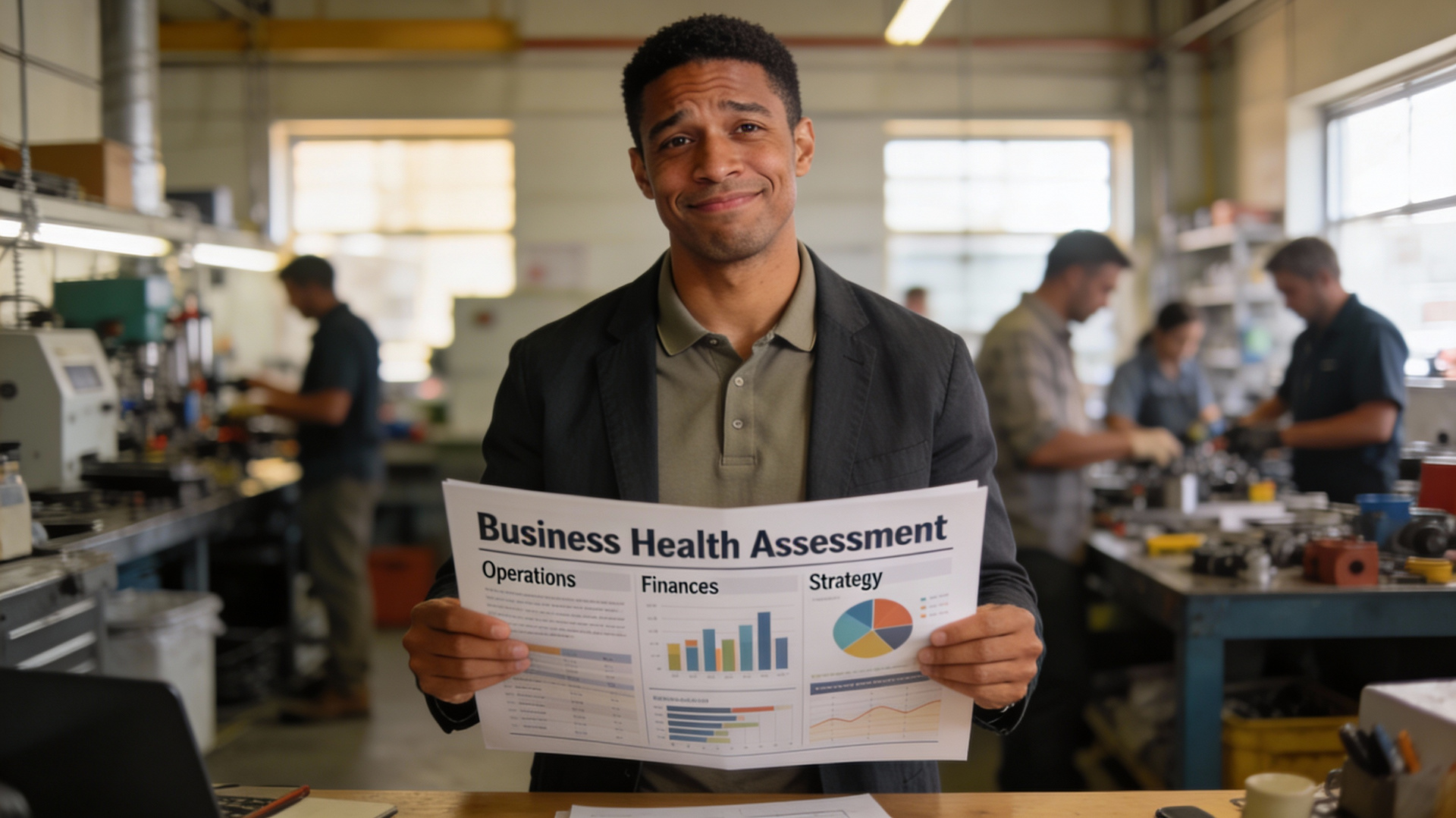 Business health assessment dashboard displaying financial analytics, operational metrics, and strategic KPIs for 2026 planning