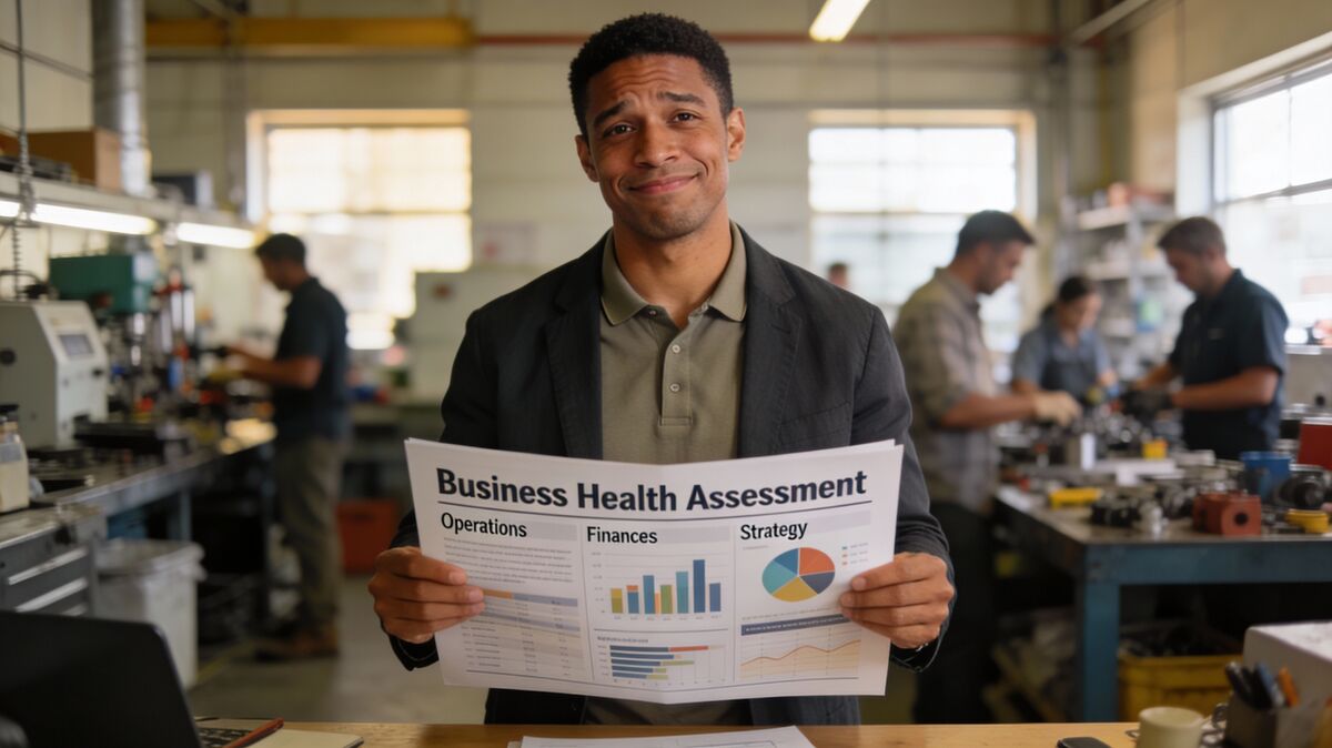 Thumbnail: Business health assessment dashboard displaying financial analytics, operational metrics, and strategic KPIs for 2026 planning