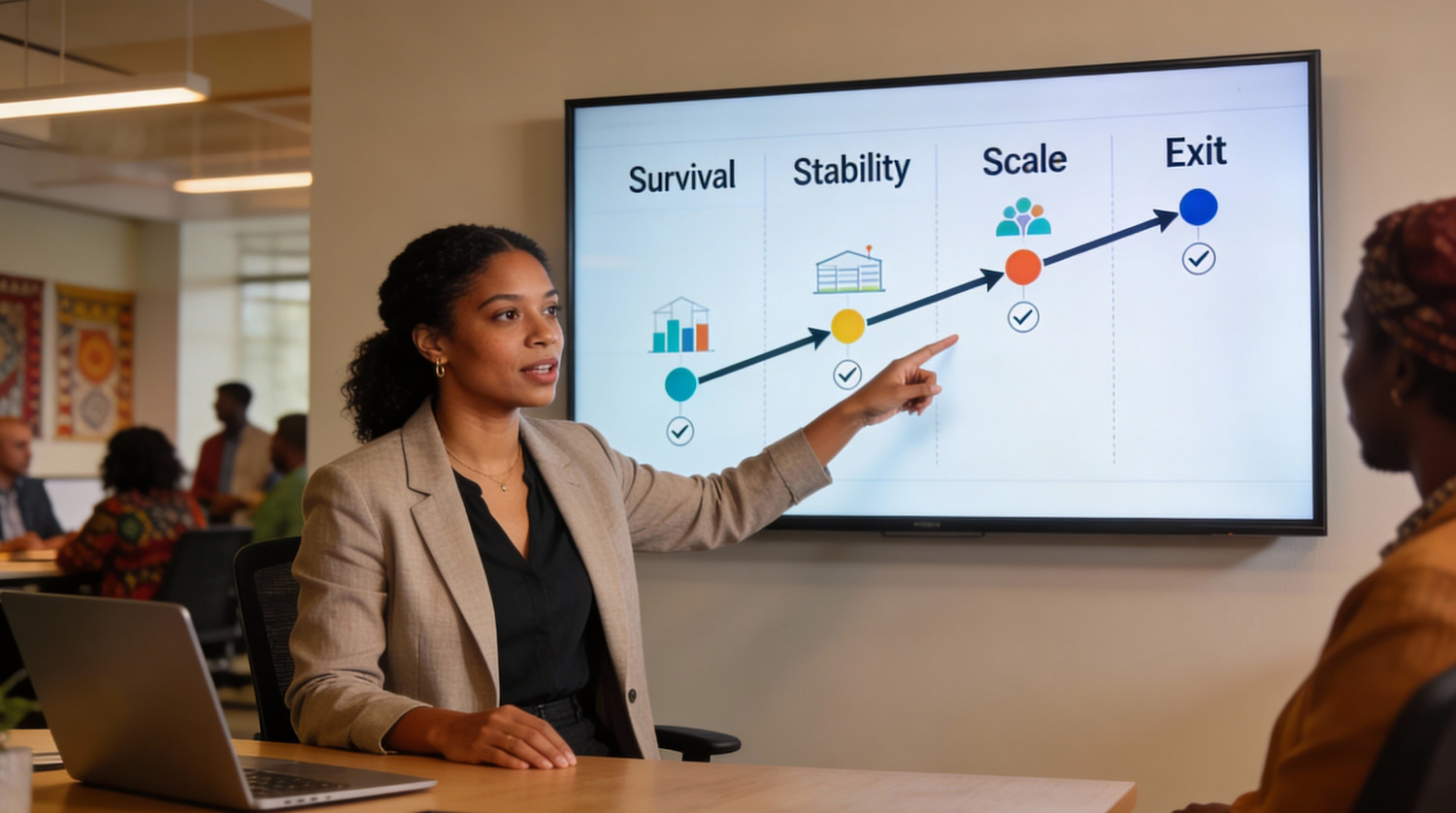Thumbnail: Business leader presenting the four stages of business health: Survival, Stability, Scale, and Exit progression framework
