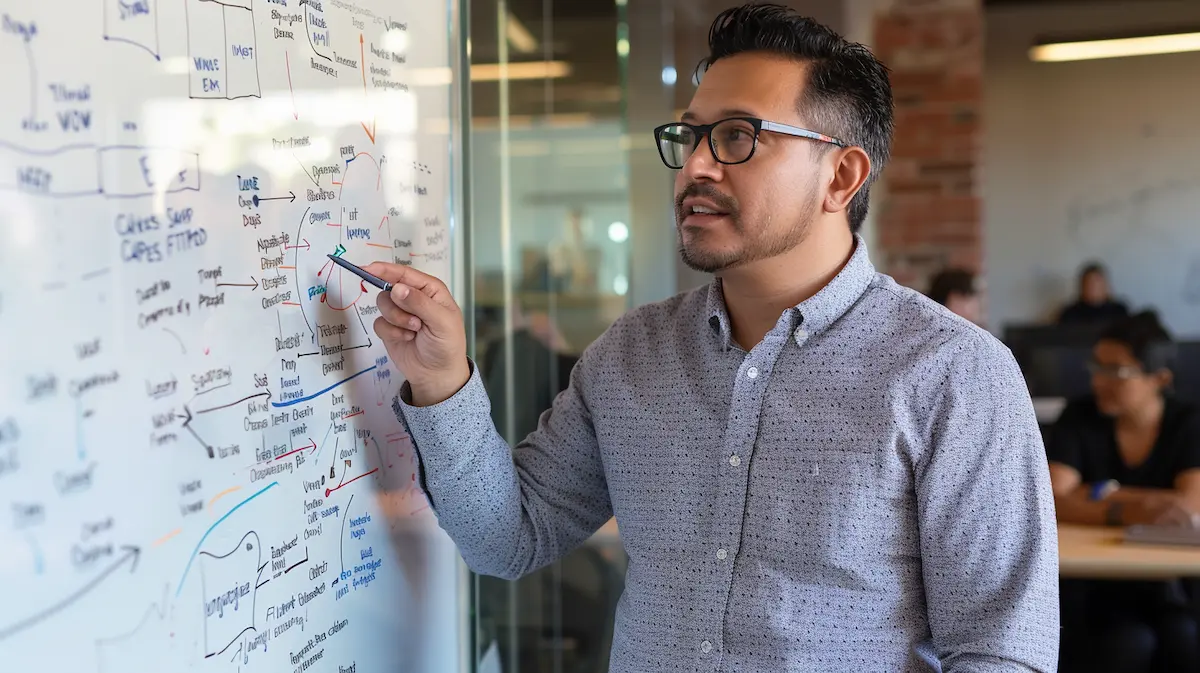 Thumbnail: Business leader mapping integrated business strategy on whiteboard showing cross-functional connections and organizational alignment