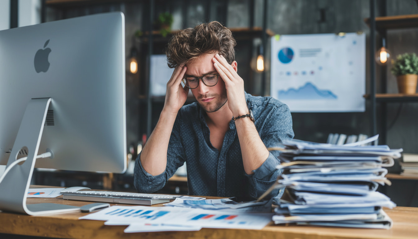 Thumbnail: Business leader experiencing stress while working with financial reports and analytics charts on desk