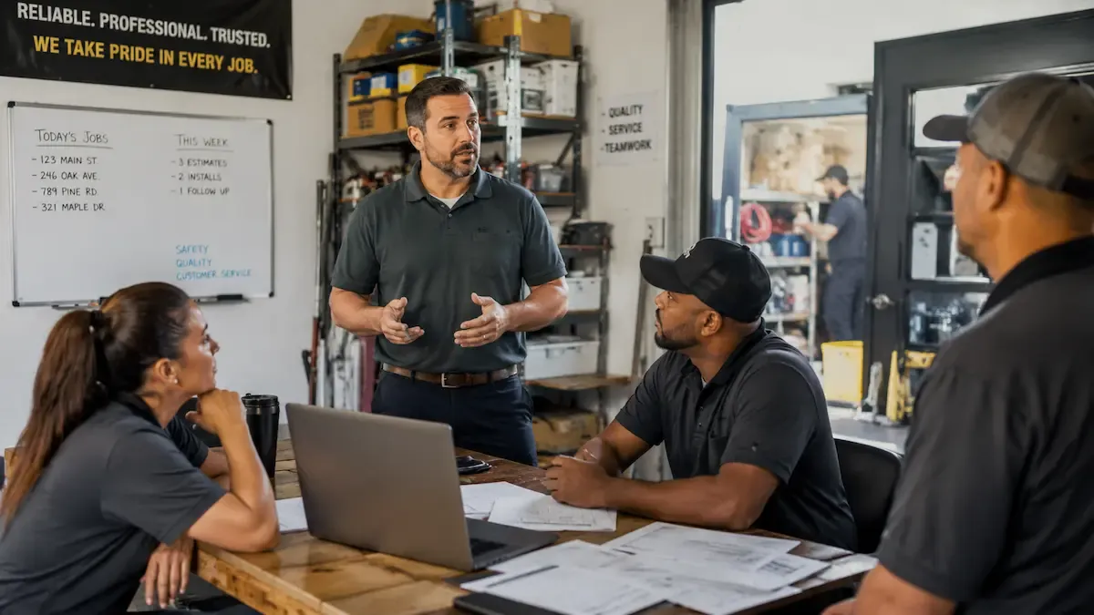 Small business owner leading a shop-floor team meeting about workload and job scheduling — deciding between managing capacity and adding capabilities to scale without overbuilding