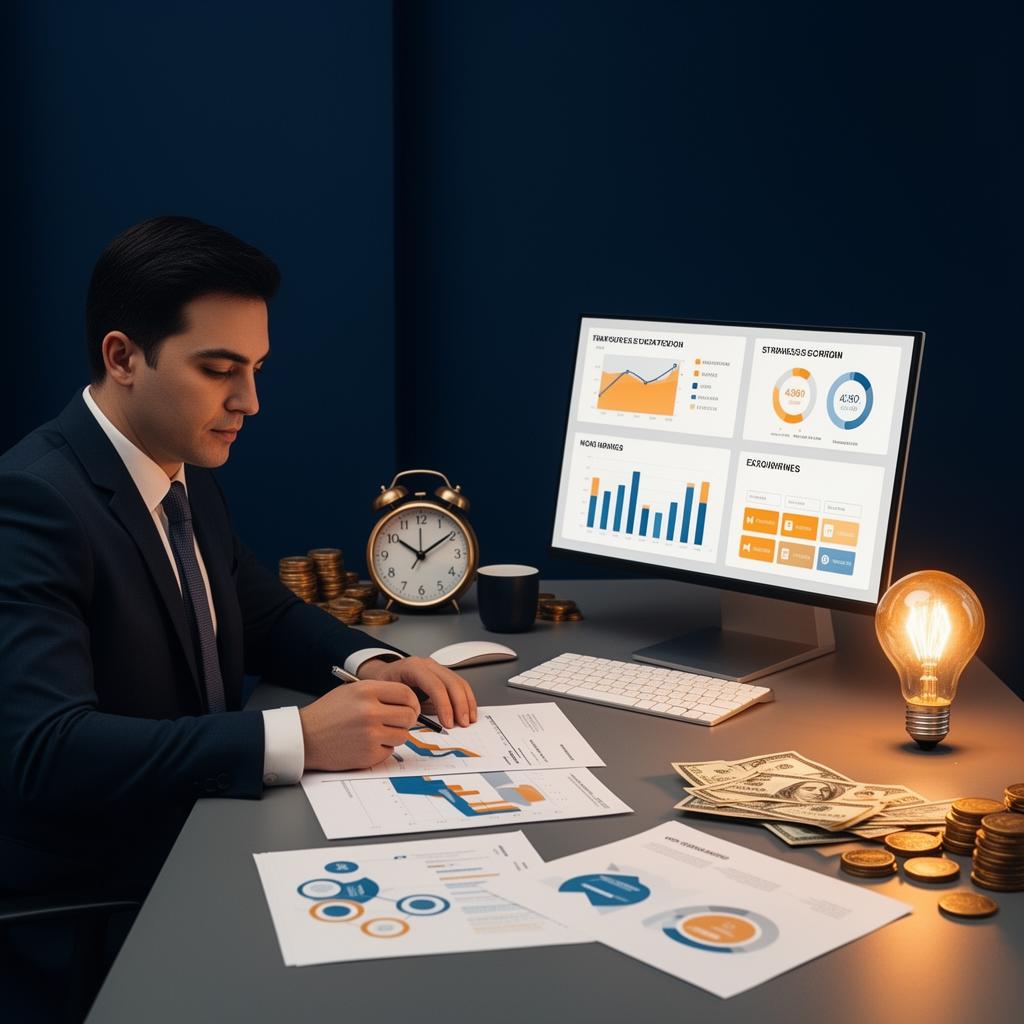 Small business leader reviewing capital allocation strategy with financial charts, clock, and resource planning dashboard