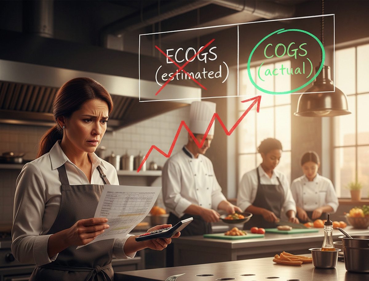 Thumbnail: Restaurant manager reviewing estimated vs actual cost of goods sold analysis showing ECOGS crossed out and COGS circled as the accurate calculation method