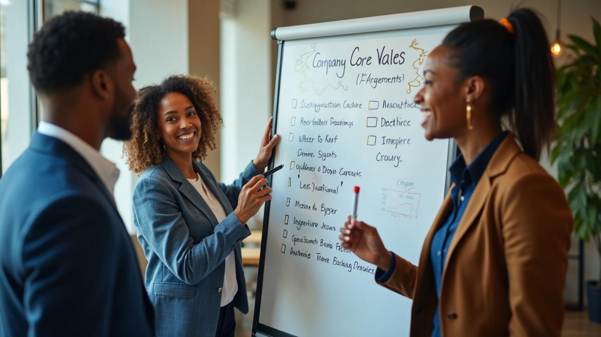 Small business team collaborating on company core values activation framework on a whiteboard