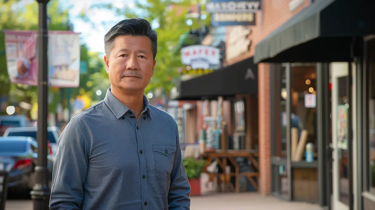 Small business owner standing confidently on a downtown sidewalk representing strategic positioning in an oversaturated market
