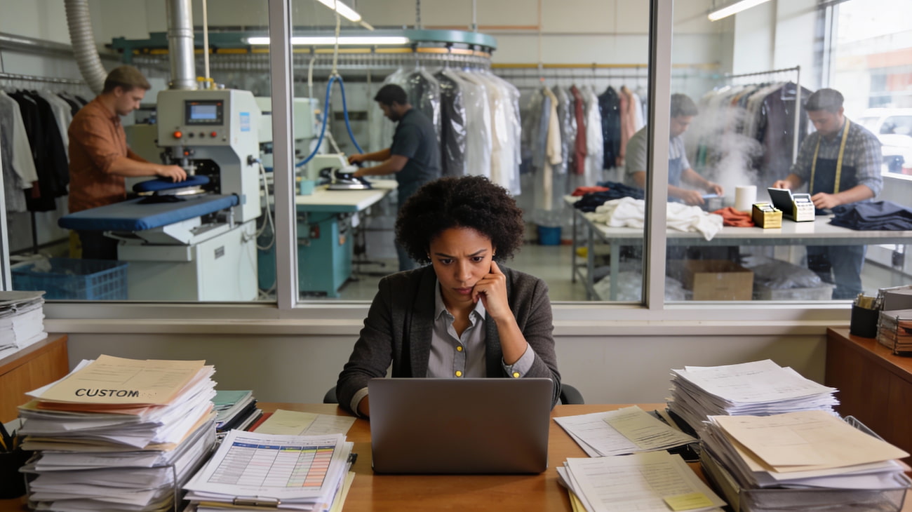 Thumbnail: Small business owner evaluating CRM software options amid paperwork and operations in manufacturing office environment