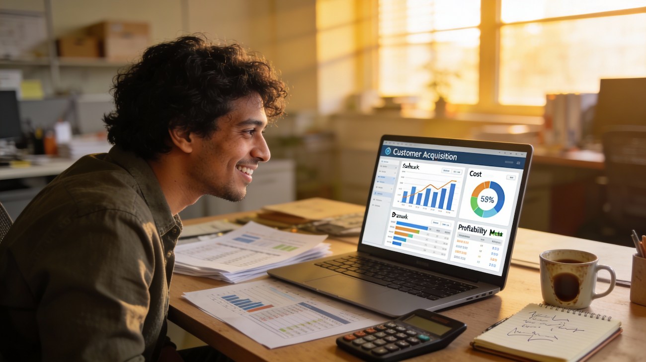 Thumbnail: Small business owner analyzing customer acquisition cost dashboard with profitability metrics and growth analytics