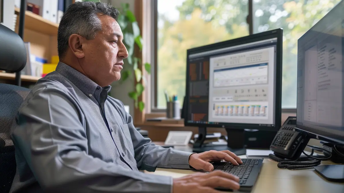Small business owner reviewing operational dashboards at a desk — illustrating a plain-language small business cybersecurity checklist for non-technical founders