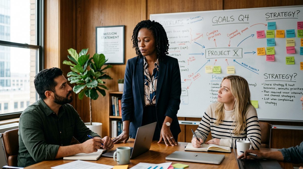 Business leader presenting strategic plan to team in boardroom illustrating disruptive leadership patterns in small business