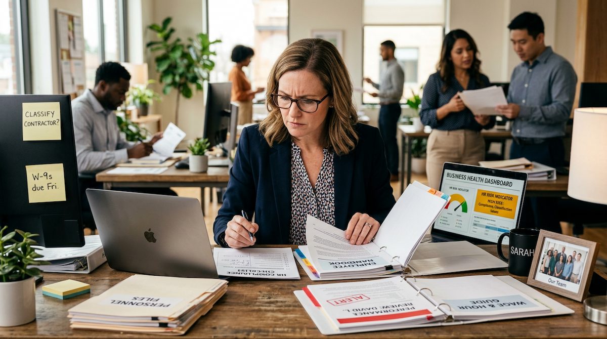 Small business owner managing HR compliance paperwork and employee handbook alongside business health dashboard showing HR risk indicators
