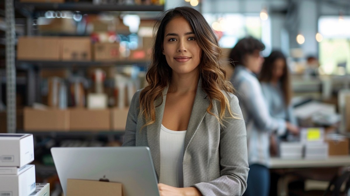 Small business owner managing e-commerce operations with laptop in warehouse fulfillment center