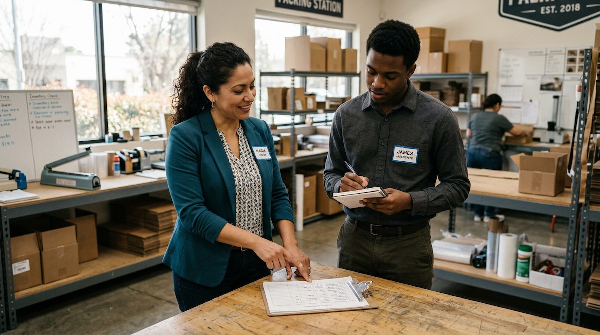 Experienced warehouse trainer mentoring new employee through hands-on job training at packing station