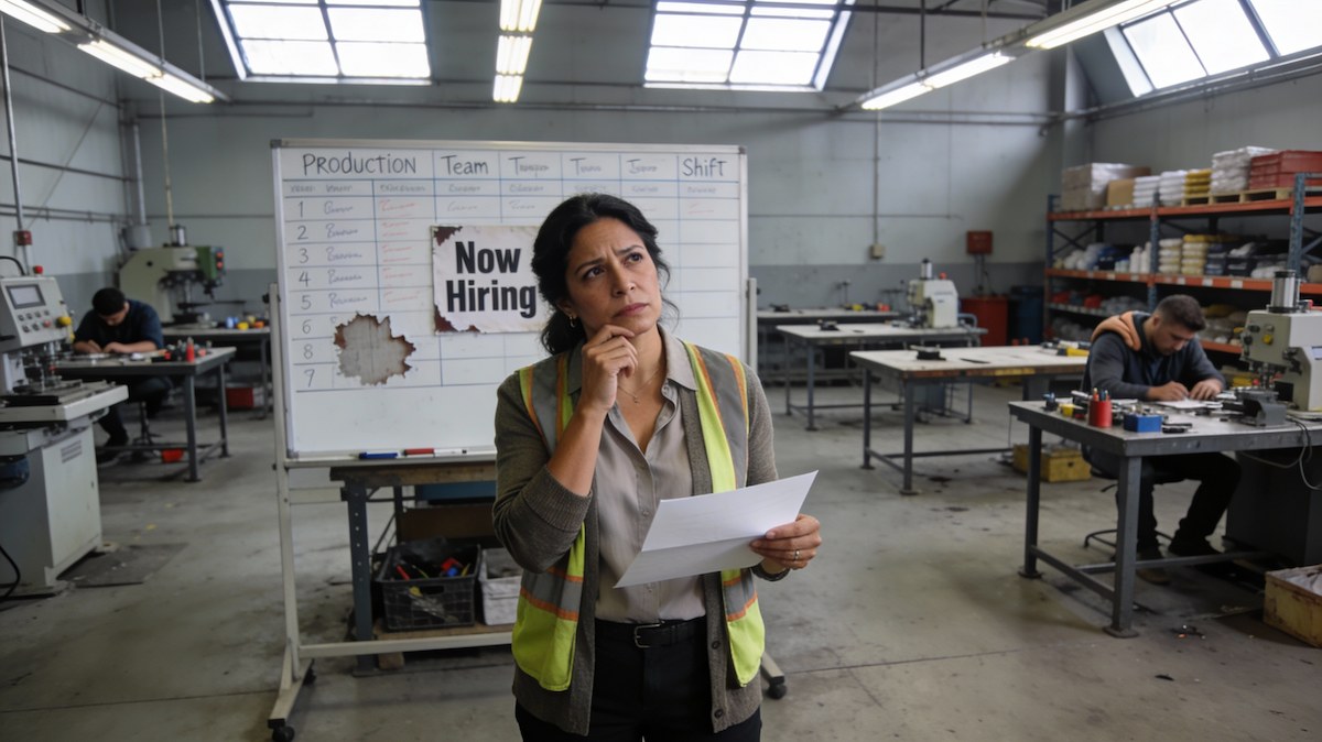 Thumbnail: Business manager in manufacturing facility contemplating employee turnover with Now Hiring sign visible - leadership self-reflection on retention challenges