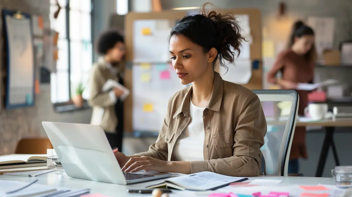 Small business owner focused on laptop in collaborative workspace illustrating execution paralysis and planning mode in growing businesses
