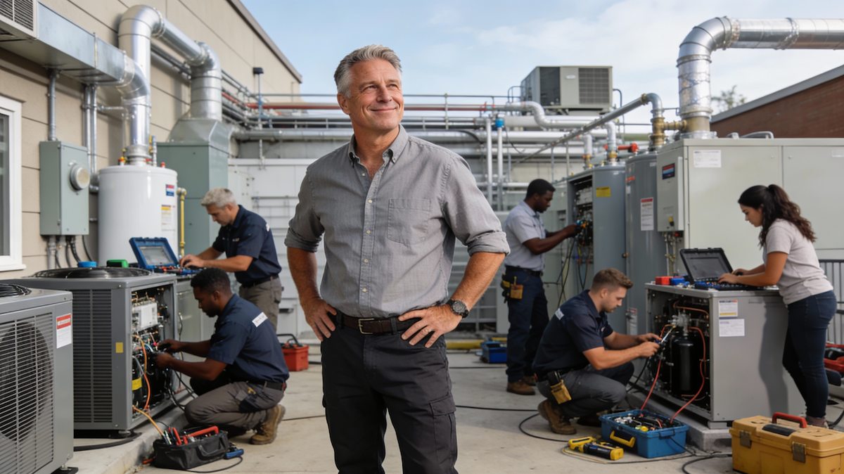 Thumbnail: Small business owner standing confidently while empowered technicians work independently on equipment - demonstrating team empowerment and distributed leadership