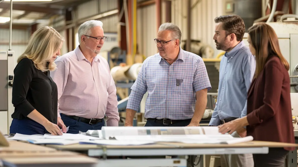 Multi-generational family business leadership team reviewing operational plans on a shop floor β illustrating how family dynamics in family-owned businesses shape culture, growth, and non-family employee engagement