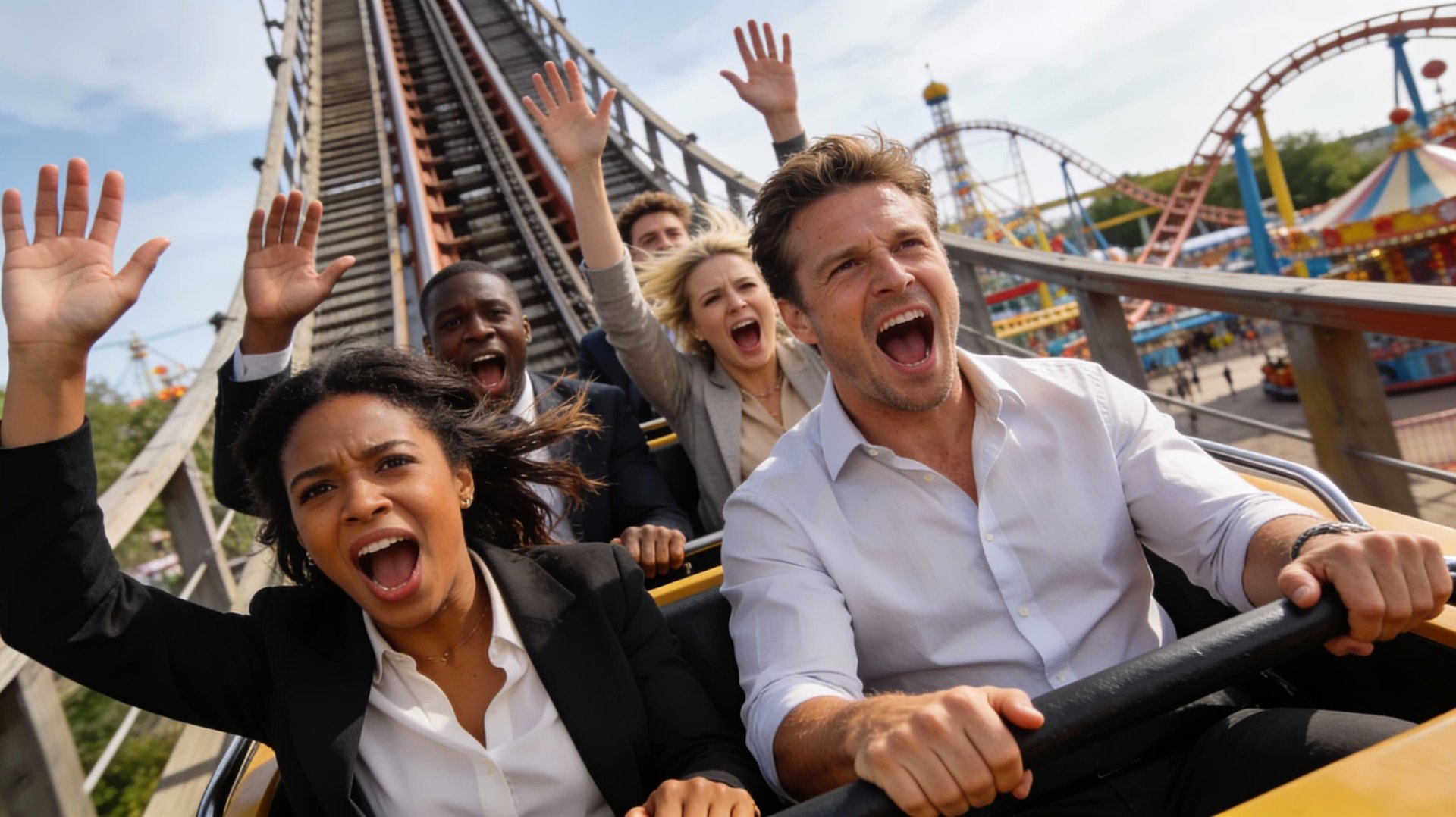 Thumbnail: Business professionals on rollercoaster representing the feast-or-famine revenue cycle that destroys small business stability and cash flow predictability