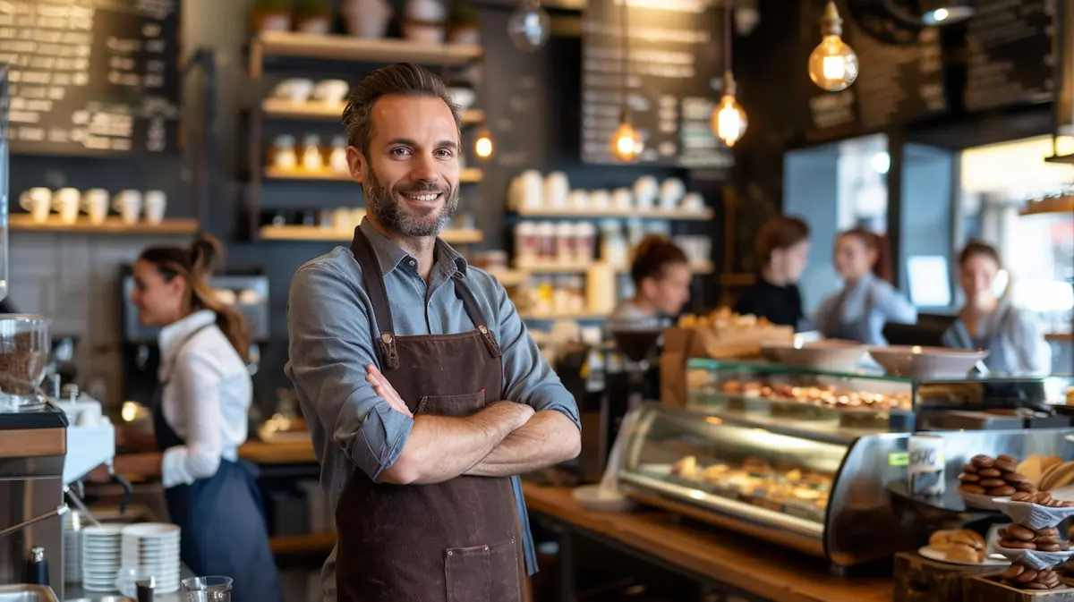 Composed food service leader standing in a busy café during an unexpected customer surge — illustrating food service customer surge management and operational leadership under pressure
