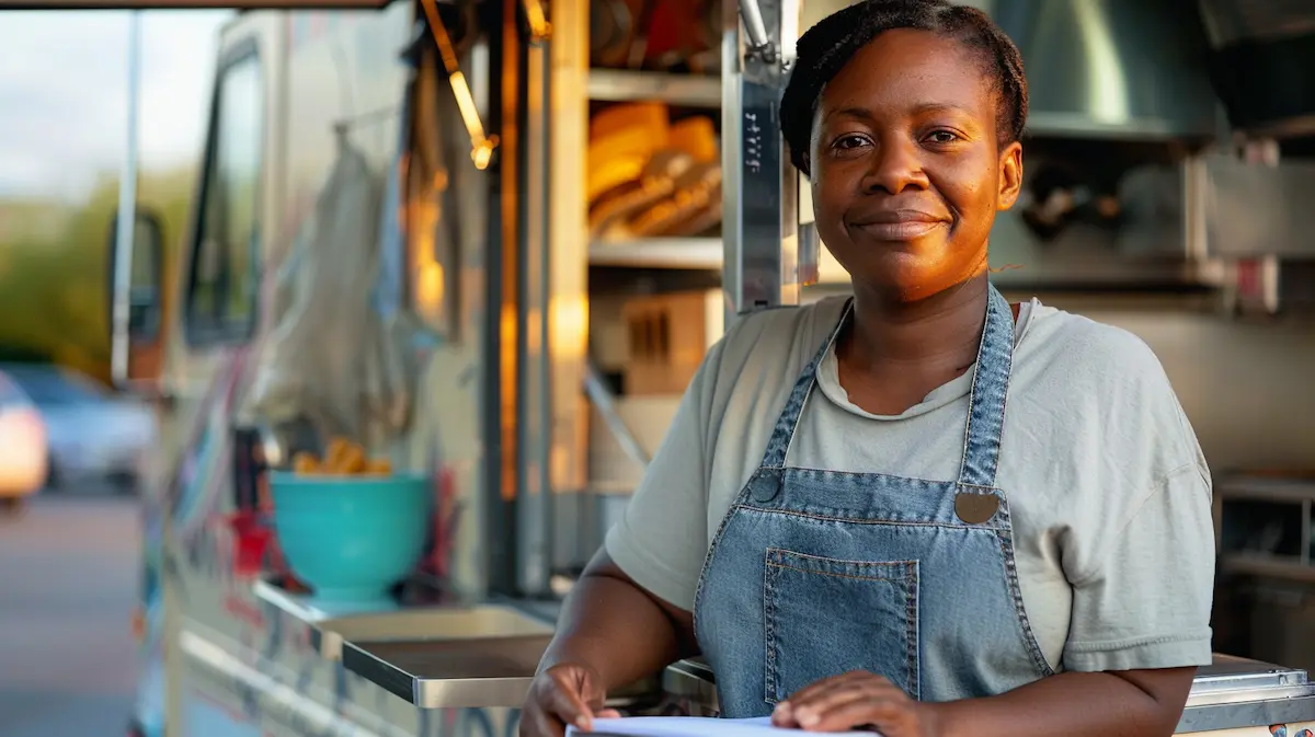Food truck owner reviewing business planning documents outside her food truck at sunset