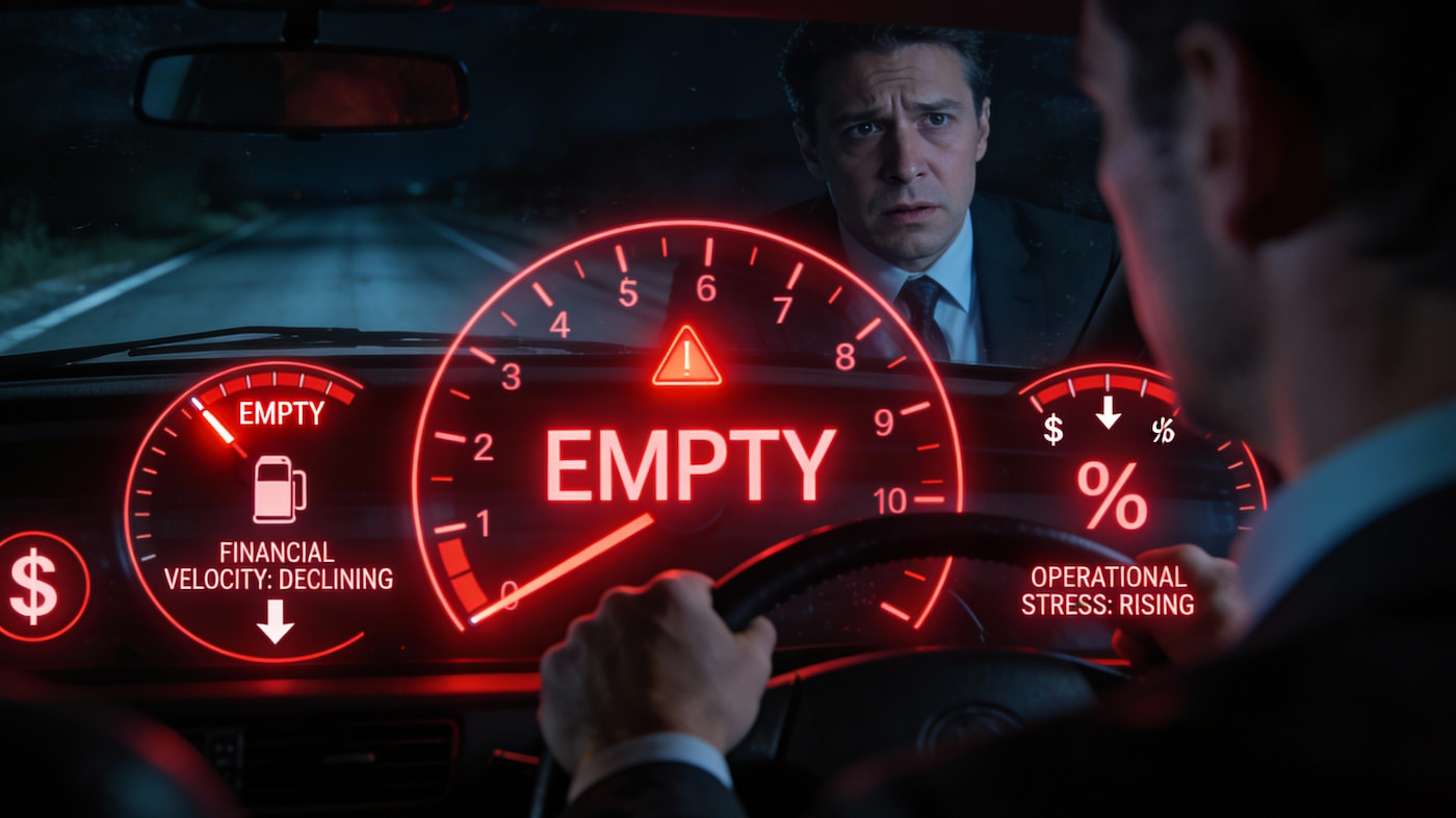 Thumbnail: Business owner viewing financial dashboard with declining cash flow velocity and operational stress metrics - fractional CFO toolkit visualization