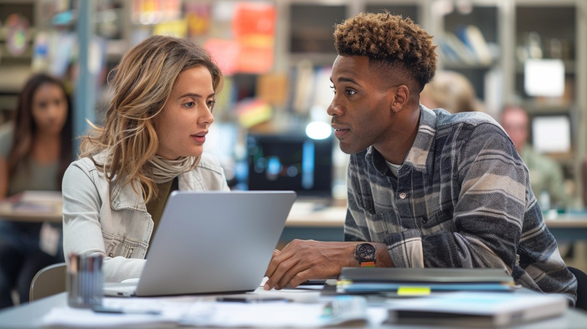 Small business owner mentoring emerging leader at a laptop in a collaborative workspace — developing leaders internally