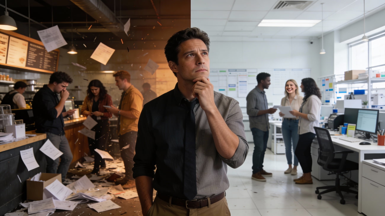 Thumbnail: Business owner contemplating growth challenges between chaotic startup environment and organized scaled operations - gut instinct versus data-driven decision-making