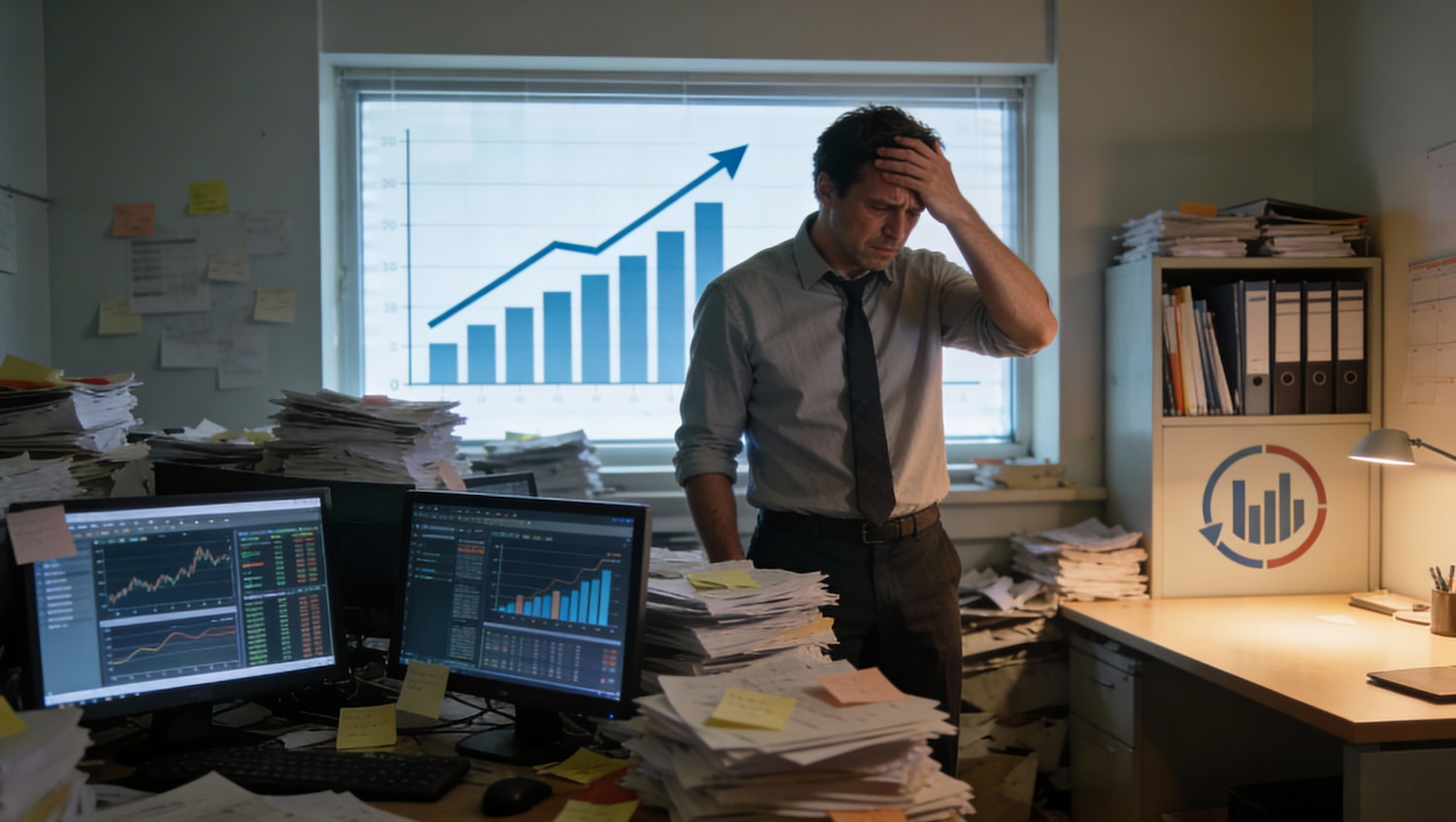 Thumbnail: Stressed business owner in office with growth chart showing the growth trap dilemma - when more sales cannot save a broken business model