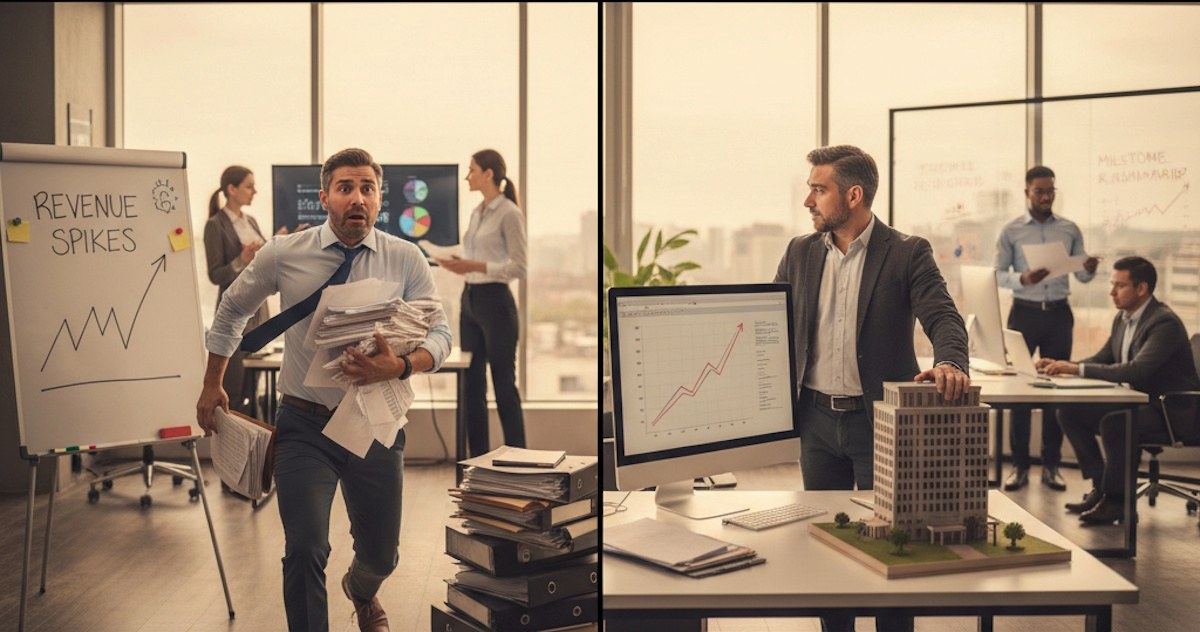 Split image contrasting chaotic revenue-spike driven business owner with calm leader reviewing sustainable growth metrics and infrastructure planning