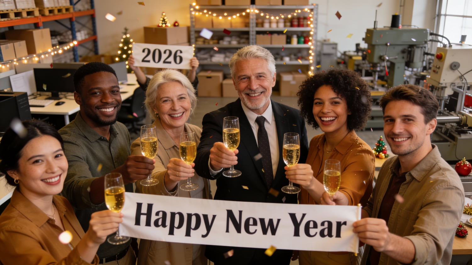 Thumbnail: Diverse business team celebrating New Year 2026 with champagne glasses holding Happy New Year banner in warehouse office - small business growth celebration