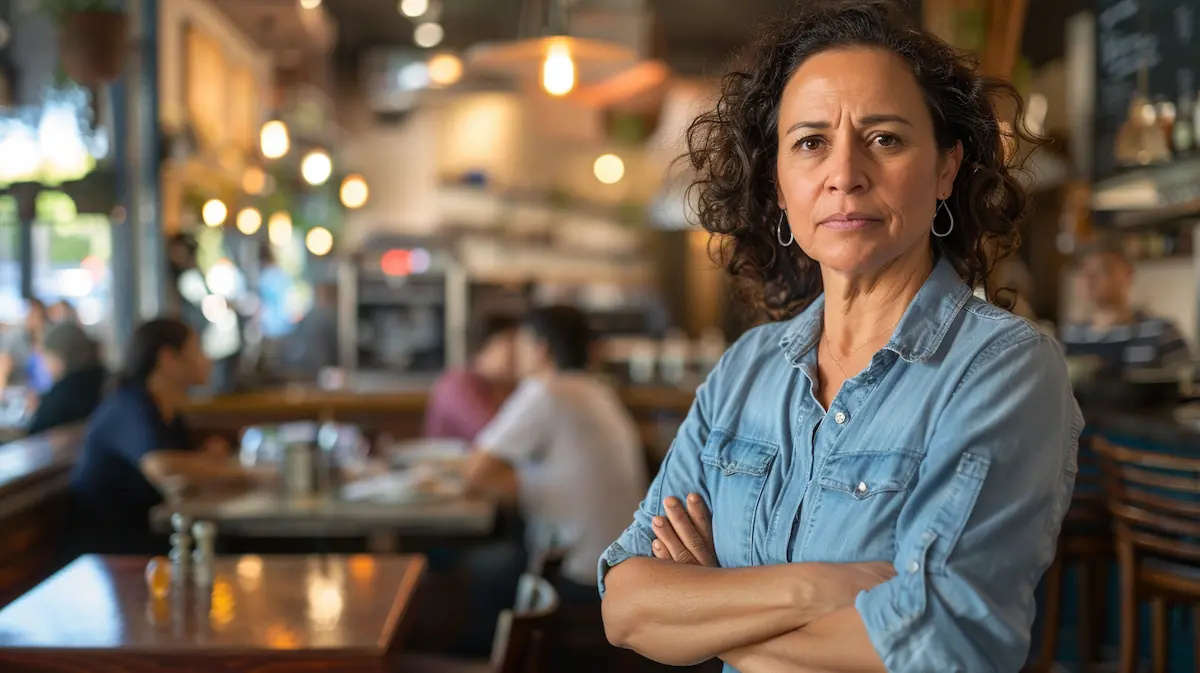 Restaurant owner standing with arms crossed in busy dining room reflecting on the hidden cost of understaffing and its impact on customer experience