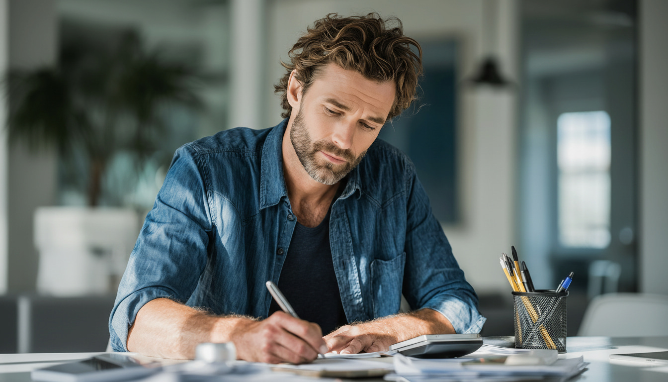 Thumbnail: Small business owner focused on manual paperwork and calculations representing hidden costs of manual processes in SMB operations