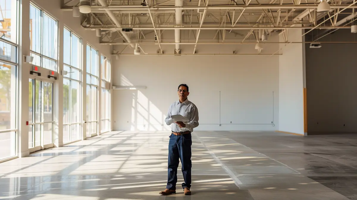 Small business owner standing in an empty commercial facility reviewing a facility-decision checklist — a diagnostic-first approach to relocating, expanding, or remodeling a small business facility
