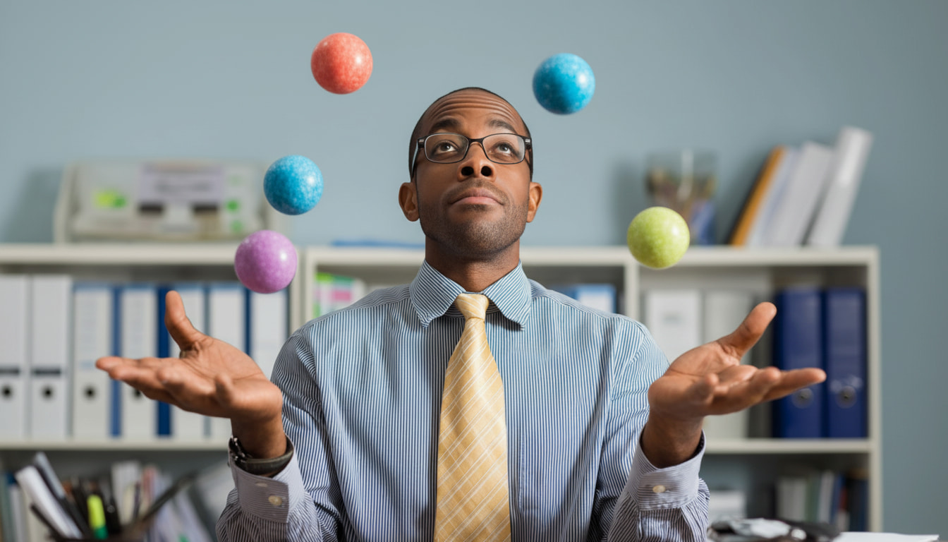 Thumbnail: Small business owner juggling multiple colorful spheres representing different aspects of business health including operations, finance, HR, marketing, and strategy