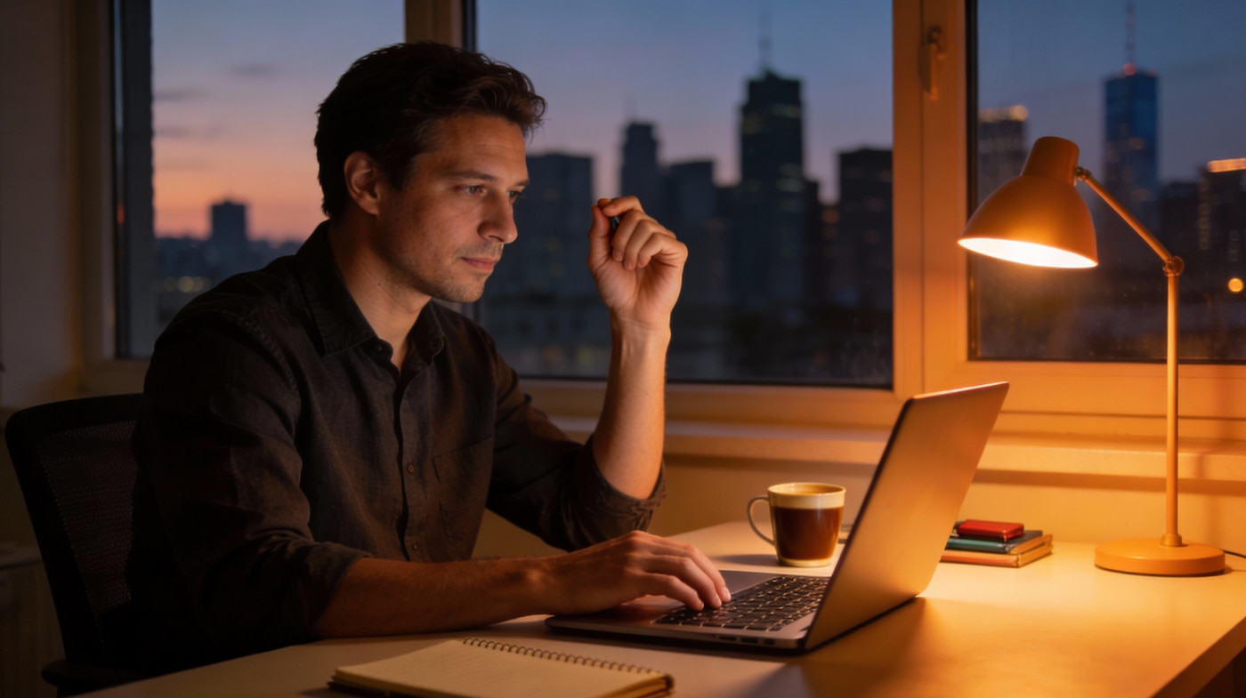 Thumbnail: Solo entrepreneur working late at desk with laptop prioritizing business tasks - operator survival guide for small business productivity