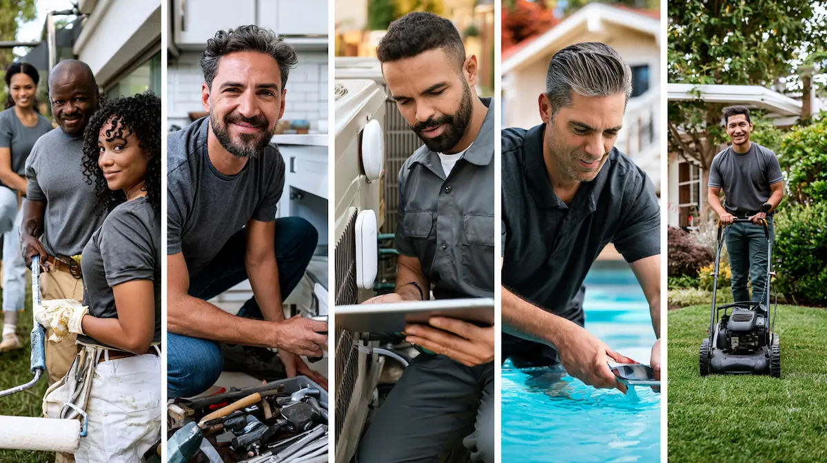 Collage of home services professionals — painter, handyman, HVAC technician with tablet, pool technician, and landscaper — illustrating how to start a home services business with a disciplined Ready-Aim-Fire plan