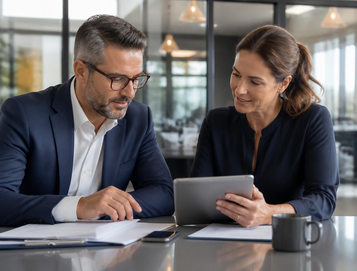 Small business owner and HR manager reviewing employee onboarding paperwork and a team roster