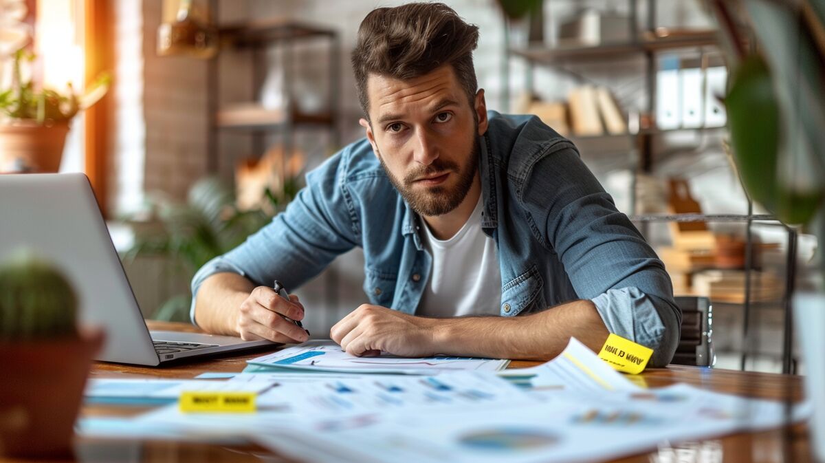 Small business owner evaluating scaling readiness with business data charts and planning documents on desk