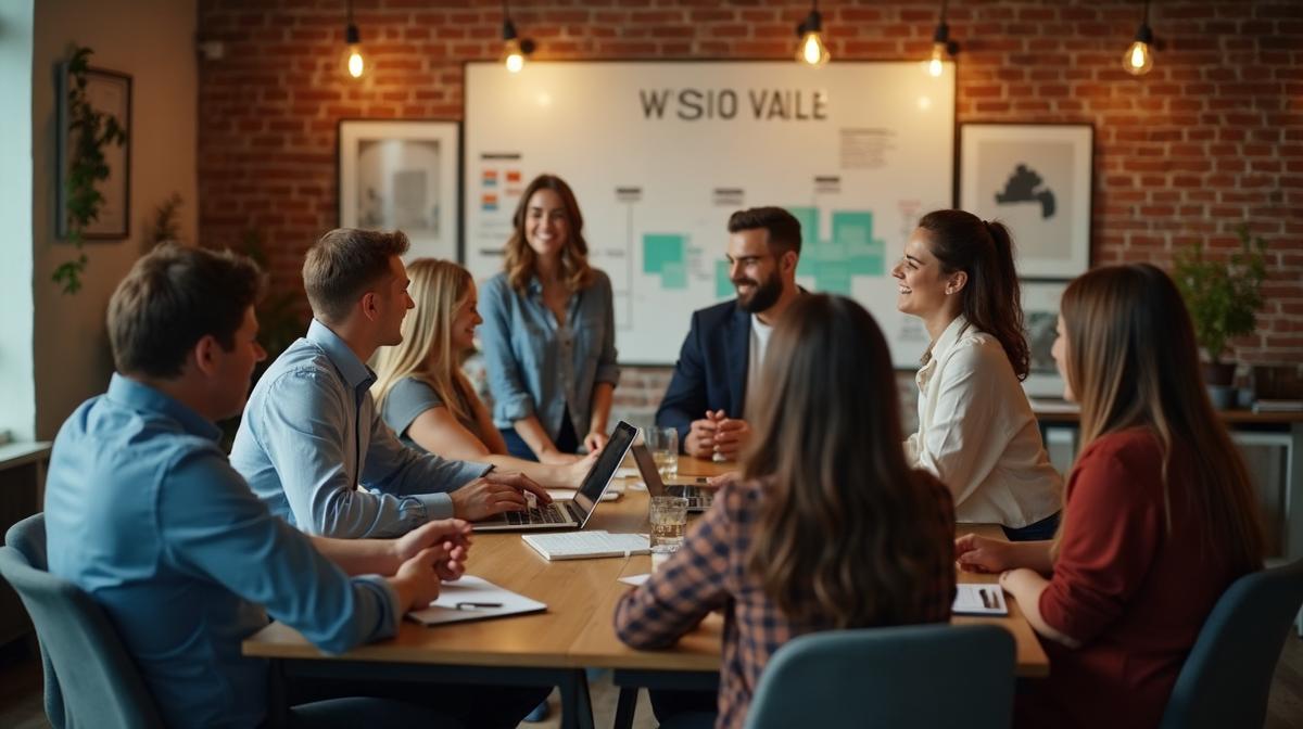 Small business owner building strong company culture with team through shared values and leadership