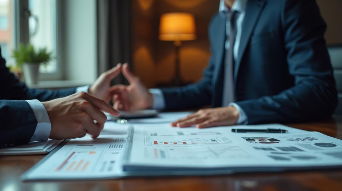 Small business owner reviewing financial dashboard with key metrics for financial acumen and confident leadership