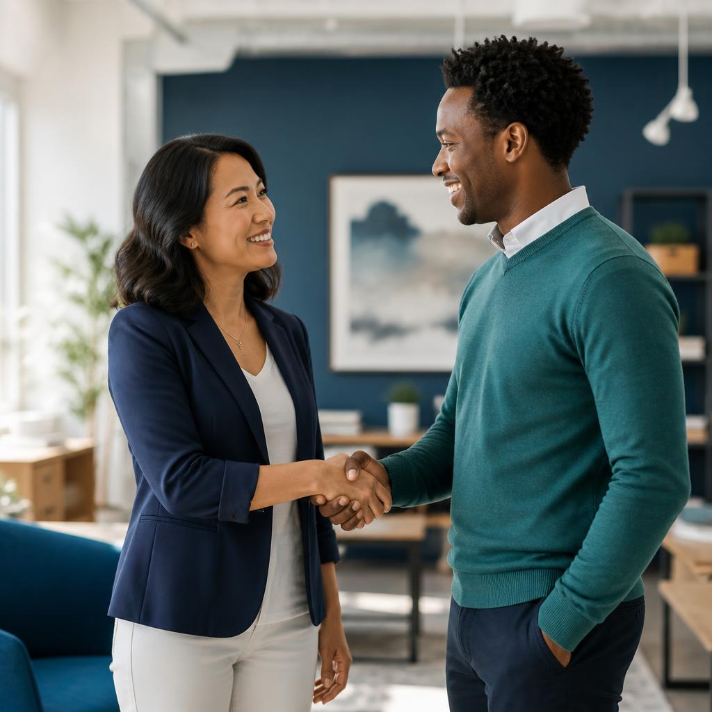 Small business owner shaking hands with their first new hire manager